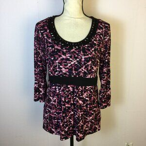 Style & Co Blouse Top Sz LP Womans Petite Black Pink Printed Beaded Bell Sleeve